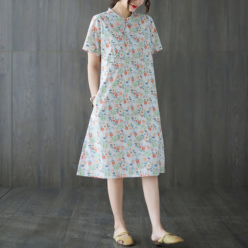 

#3255 Full Floral Printed Prined Dress Women Chinese Style Vintage Short Sleeve Dress Female Thin Cotton And Linen Dress Buttons