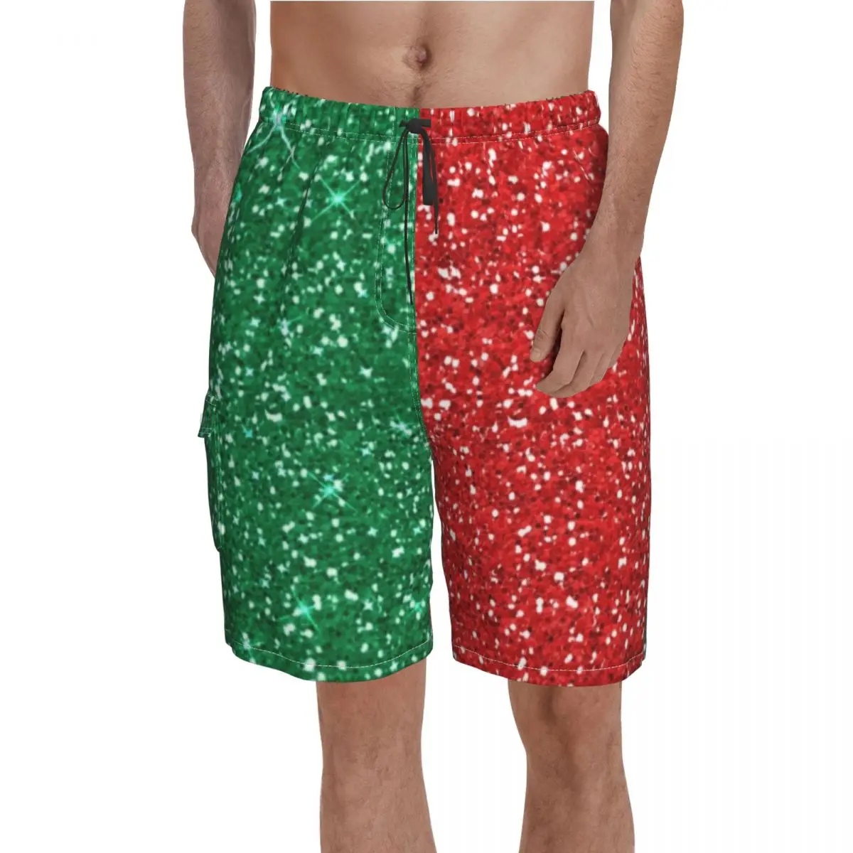 

Sparkle Two Tone Board Shorts Red And Green Glitter Beach Short Pants Elastic Waist Funny Printed Swimming Trunks