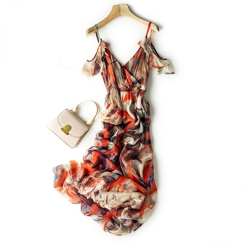 

Новинка 2023, платье из натурального шелка, женская кофта с принтом, праздничное пляжное платье, летнее платье, женские элегантные платья-Макси для женщин Zm3232