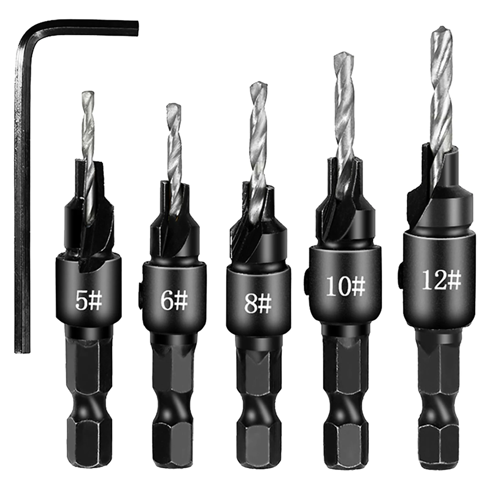 

5pcs Easy Operation Drill Bit Set Carbon Steel Accurate Durable Wood Reamer Accessories For Size Screw With Wrench Portable