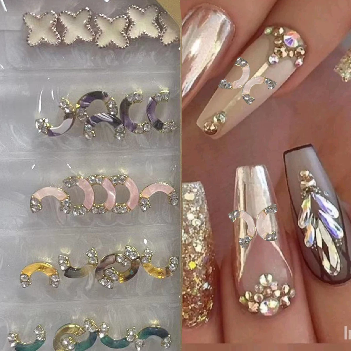 

30pcs/set New Nail Accessories 6-grid Mixed Metal Nail Gems Hollow Mix Antique Half MOON alloy Nail Jewelry For Manicure Decor
