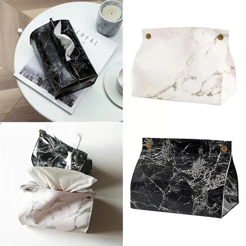 

PU Leather Tissue Box Marble Pattern Napkin Tissue Holder Papers Bag Container Cosmetic Box Case Pouch Organizer Desktop Deco