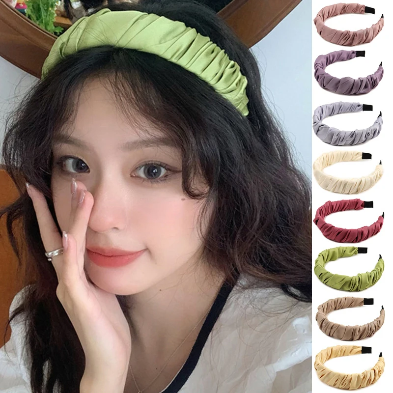 

New Fashion Satin Pleated Hair Band Crinkle Solid Color Folds Pattern Hair Hoop Headbands Designer Hair Accessories For Women