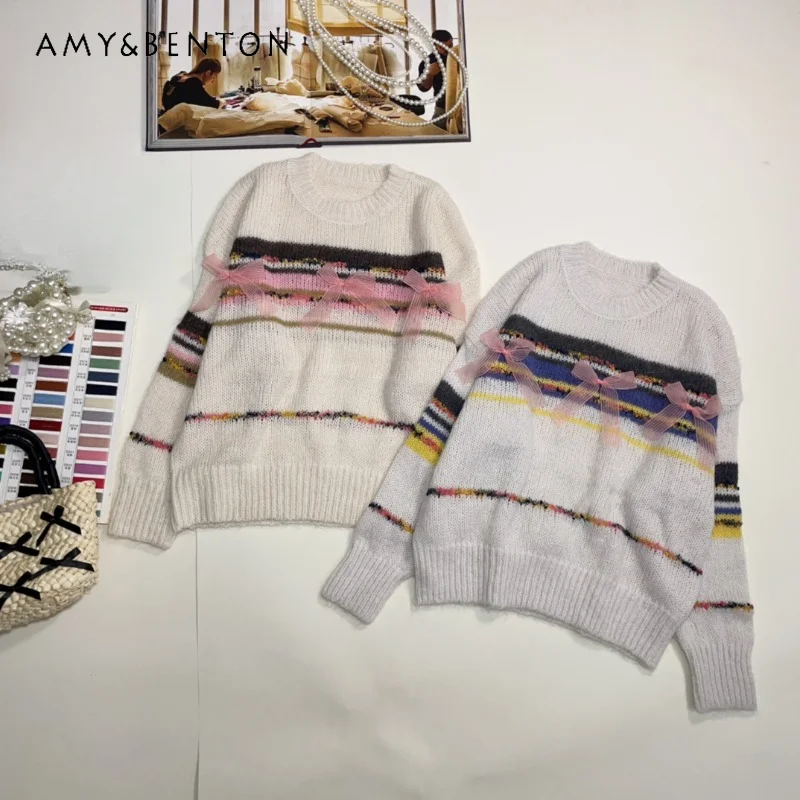 Женский трикотажный жаккардовый пуловер Простой Трикотажный контрастных цветов