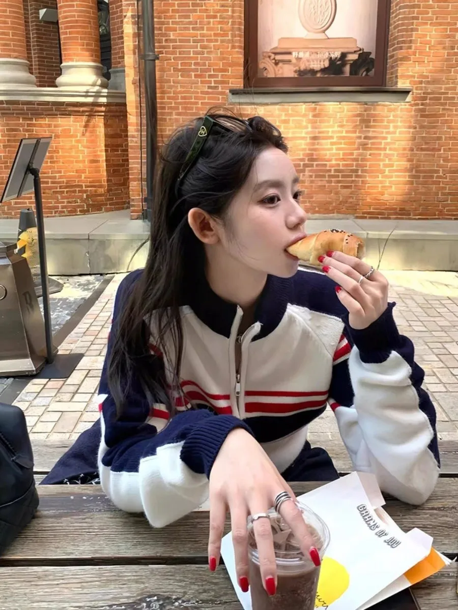 Американский винтажный вязаный женский осенний топ на половину молнии