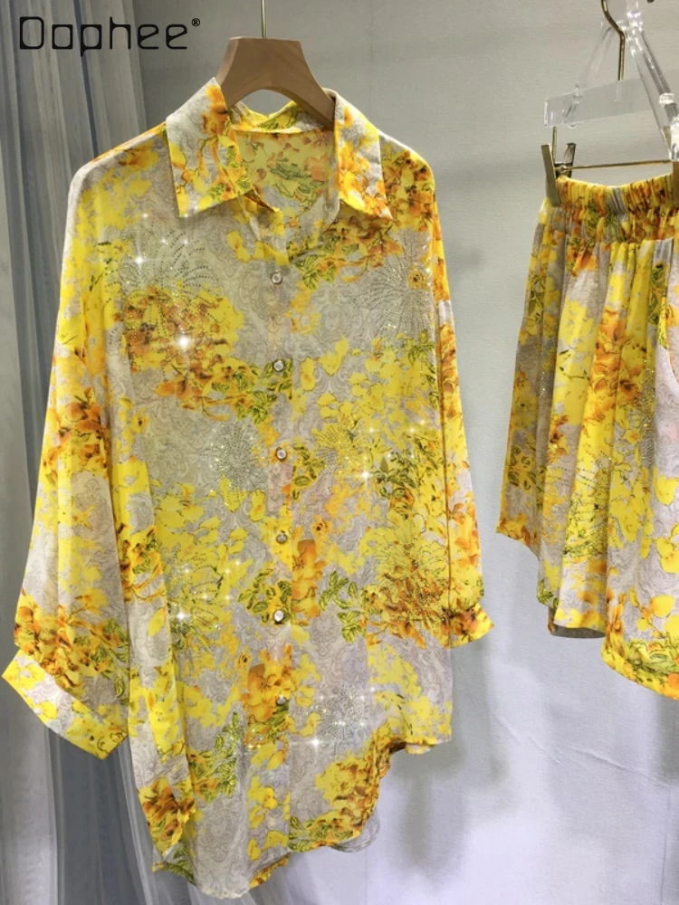 

Hot Drilling Lapel Single Breasted Shirt Women 2023 Spring Summer Sun Protection Shirt Printed Loose Shirt Shorts Two-Piece Set
