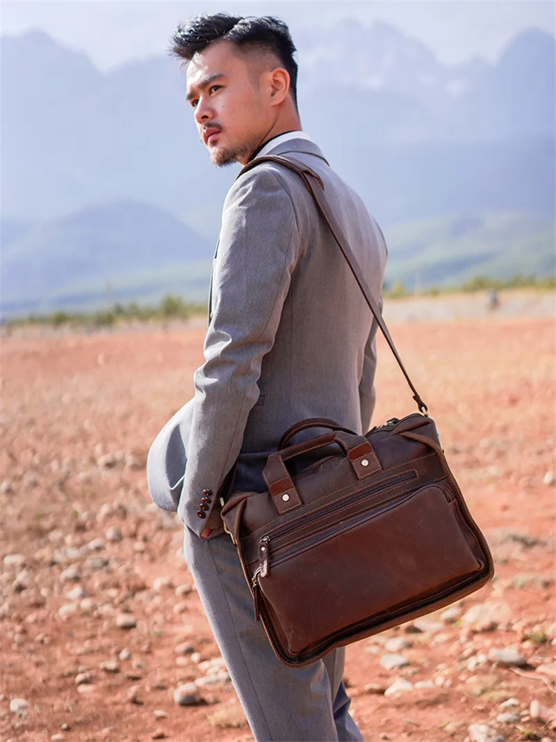 Vintage designed natural genuine leather men's briefcase fashion luxury crazy horse cowhide work computer shoulder crossbody bag
