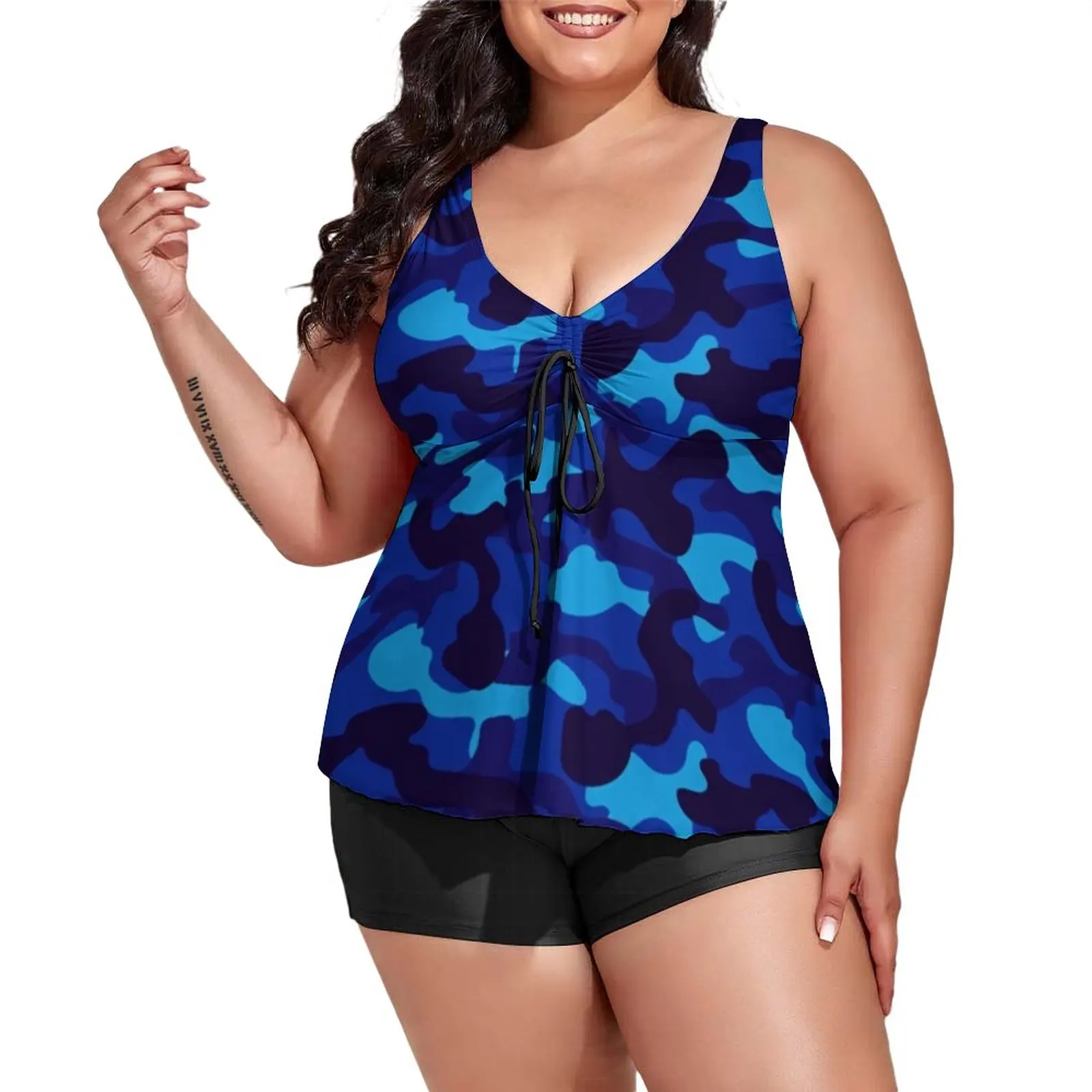 

Blue Camo Print Swimsuit Army Camouflage Tankini Swimwear Two-Piece Custom Bathing Suits Sexy Sport Trendy Beach Wear Gift Idea