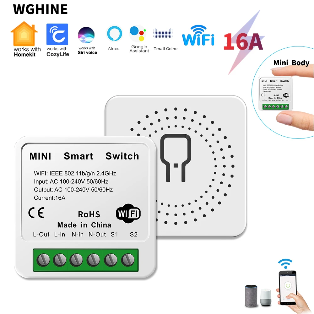 WGHINE Homekit Cozylife WIFI мини интеллектуальный выключатель освещения 16 А самодельный двунаправленный автоматический выключатель дистанционного управления, используемый в conju