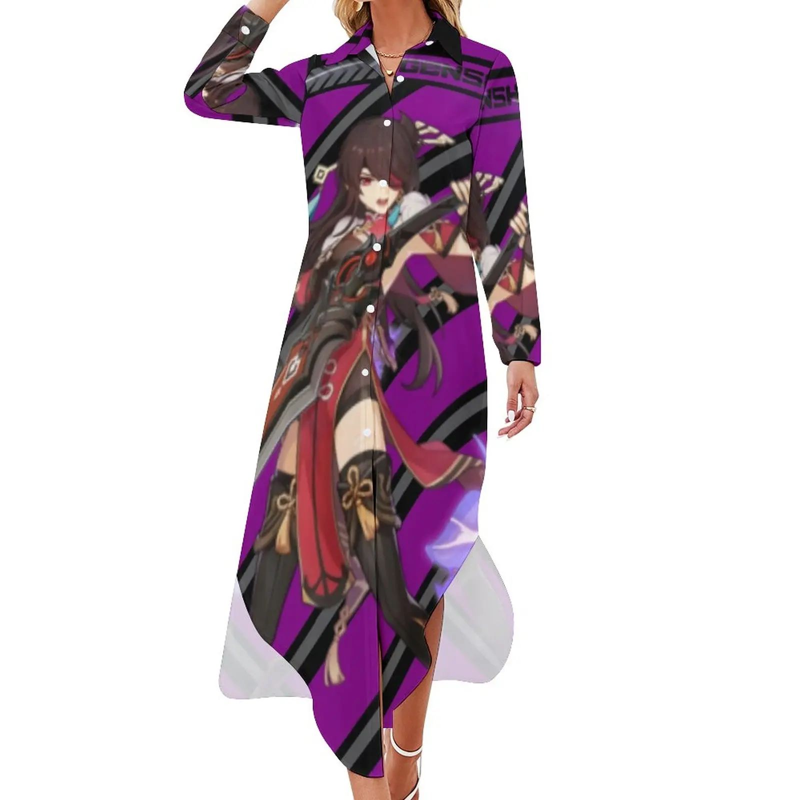 

Genshin Anime Casual Dress Beidou Wish Print Korean Fashion Dresses V Neck Kawaii Chiffon Dress Long Sleeve Vestido Large Size