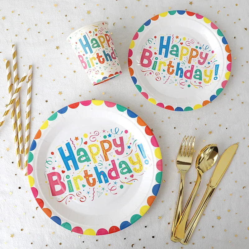 

10 Guests Birthday Party Disposable Tableware Happy Birthday Plates Stamping Golden Cutlery Kids Happy Birthday Party Supplies