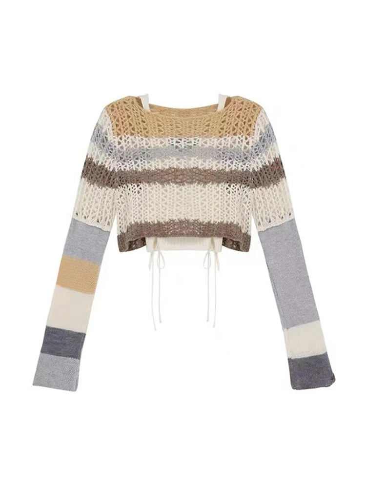 

Женский вязаный пуловер в полоску, свитер в стиле 90-х с длинным рукавом, свитер в Корейском стиле, Y2k, 2000s, винтажный ажурный джемпер, свитер, верхняя одежда