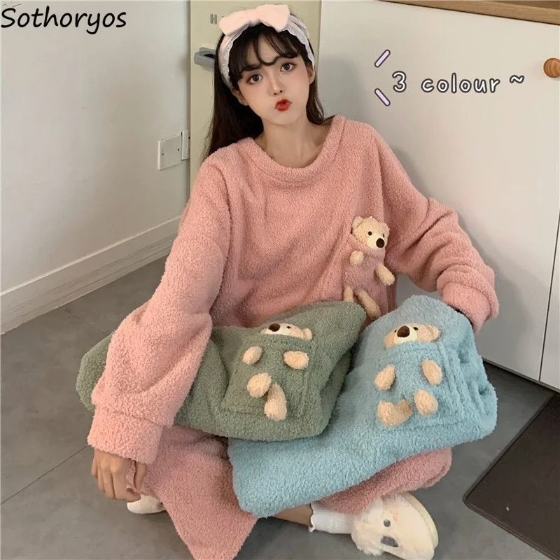 

Cartoon Cute Warm Winter Pajama Sets Women O-neck Ins Students Nightwear Plus Velvet Thicken Tender Popular Stylish Sleepwear