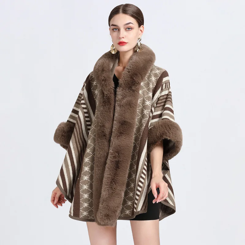 Winter New Women Woolen Coat Plus Velvet Warm Mid-length Fur Collar Shawl Cape Knitted Large Size Loose Coats Female Clothing