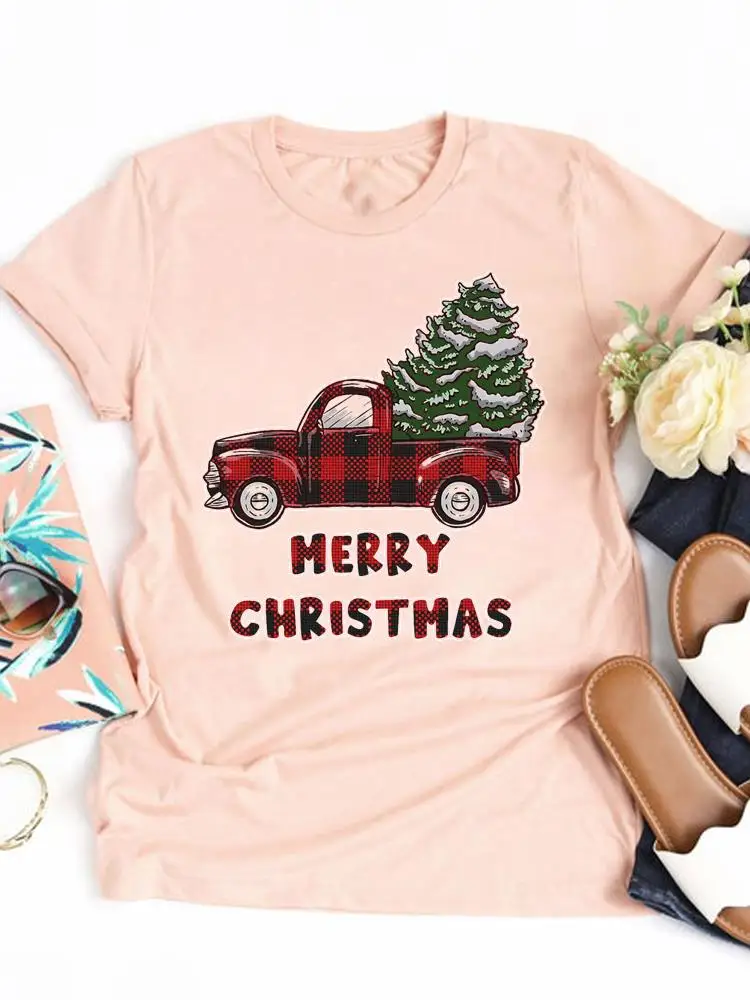 

Happy New Year Graphic T-shirt Top Print T Shirt Plaid Truck Cute 90s Merry Christmas Women Clothing Clothes Fashion Basic Tee