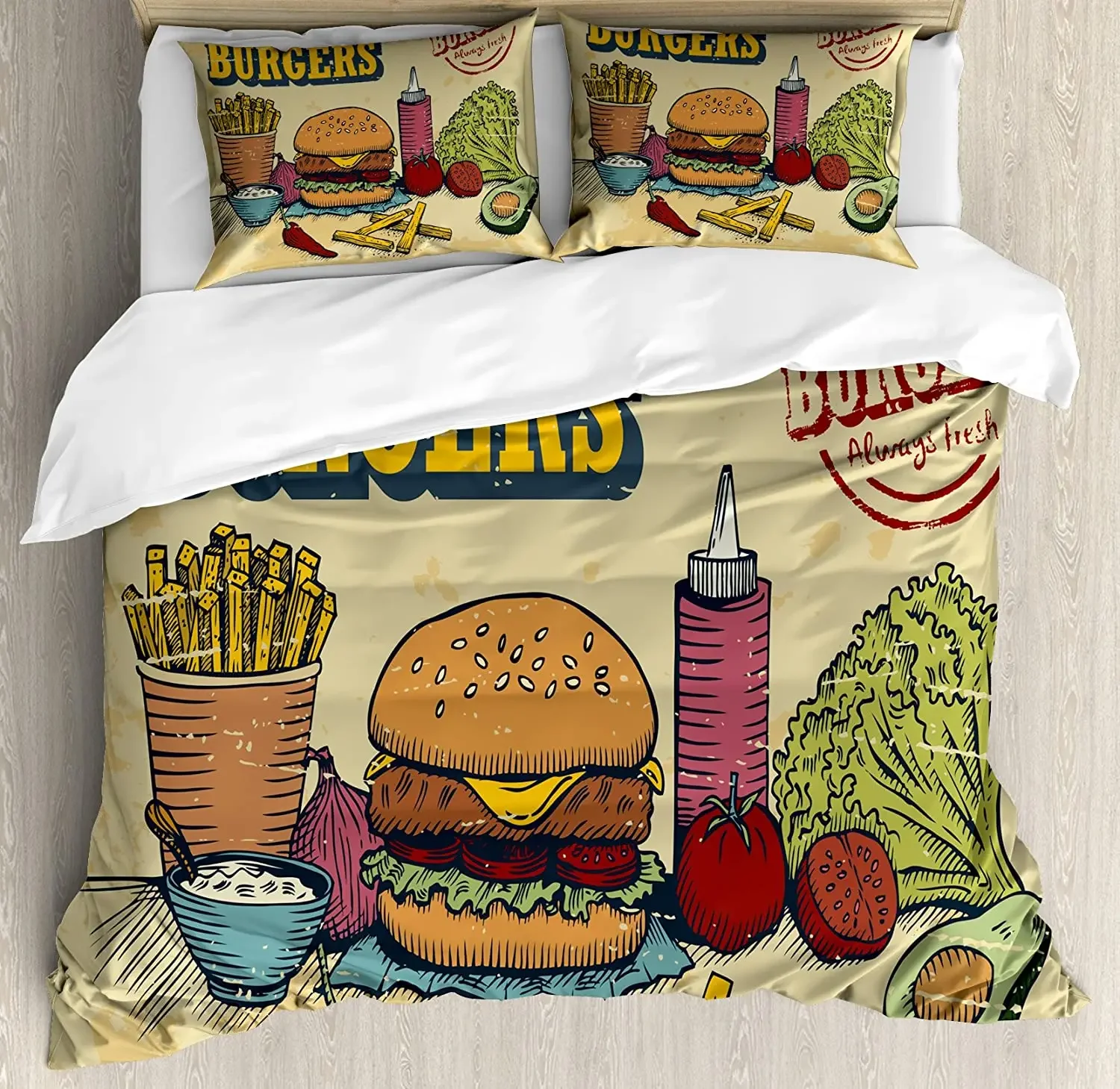 

Hamburger Bedding Set For Bedroom Bed Home Retro Hand Drawn Style Burger and Ingredients G Duvet Cover Quilt Cover Pillowcase