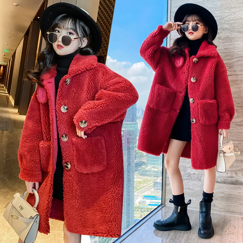 

Girls Coat Jacket Lamb Wool Outerwear Buttons Long Mid-Length Warm Thicken Fur Velvet Winter Cotton Teenage Children's Clothing