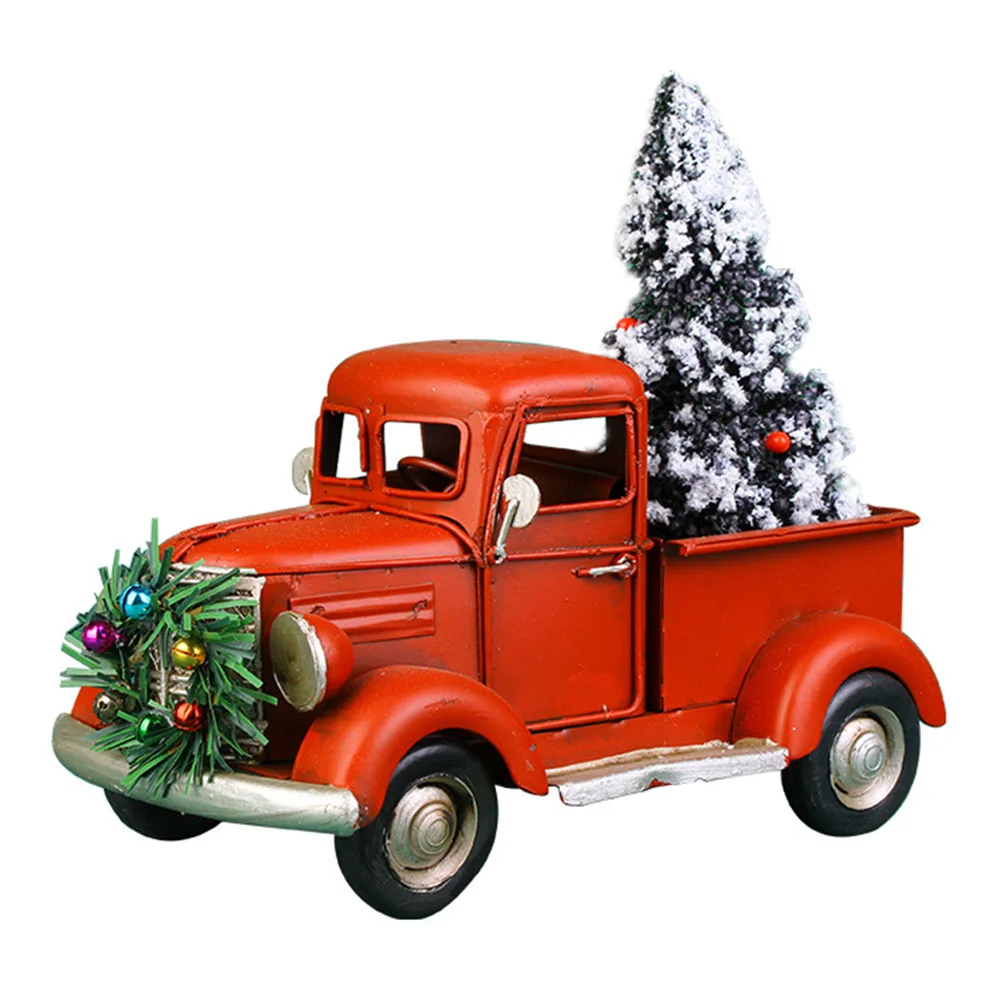 

Truck Red Vintage Christmas Decor Pickup Ornament Metal Car Figurines Decoration Mini Treeiron Andclassic Farmhouse Statue