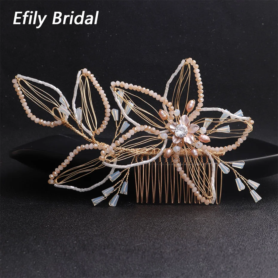 

Gold Color Crystal Flower Bridal Hair Comb Freshwater Pearl Bride Headpiece Jewelry Wedding Hair Accessories Bridesmaid Gift
