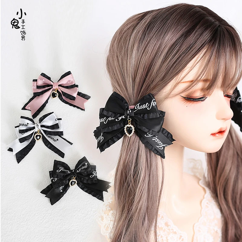 

Japanese Jk Lolita Lace Handmade Barrettes Letters Ribbon Bowknot a Pair of Hairclips Headdress