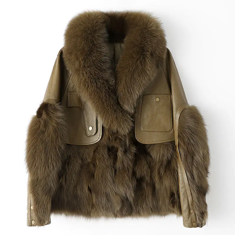 New Winter 2022 Fox fur coat Women's patchwork sheep fur large fur collar fashion coat