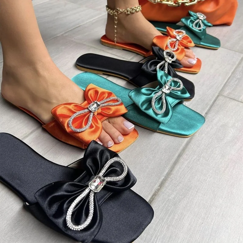 

2023 Women Shoes Square Toe Slippers Silk Butterfly Knot Crystal Ladies Flat Slides Sandals Women Summer Shoes Fashion Plus Size