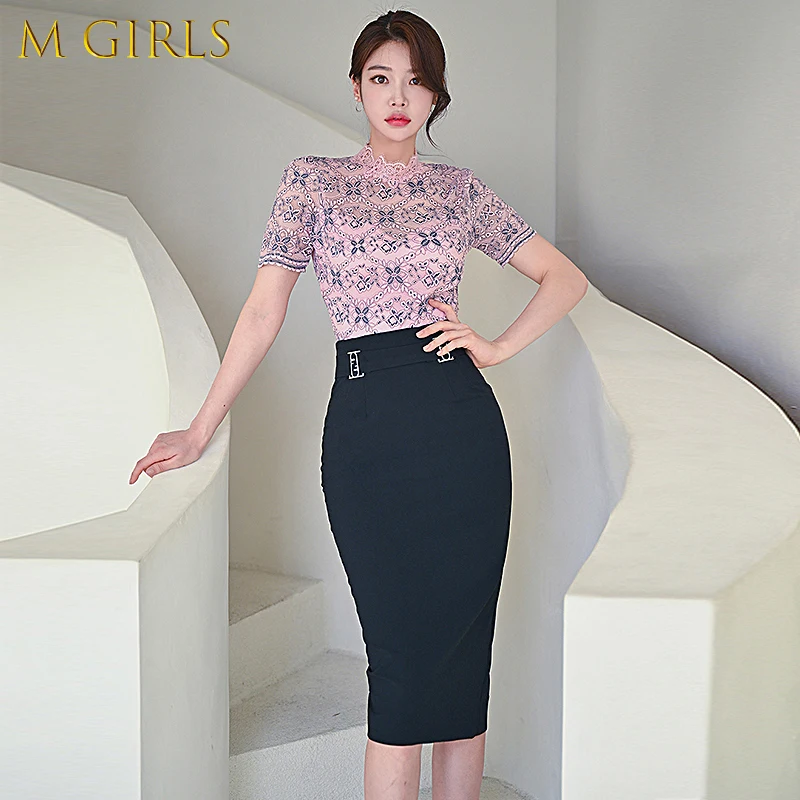 Korean Style Elegant Short Sleeve Slim Lace T-Shirt Top + High Waist Bodycon Skirt 2 Piece Set 2022 Summer New Women Clothing
