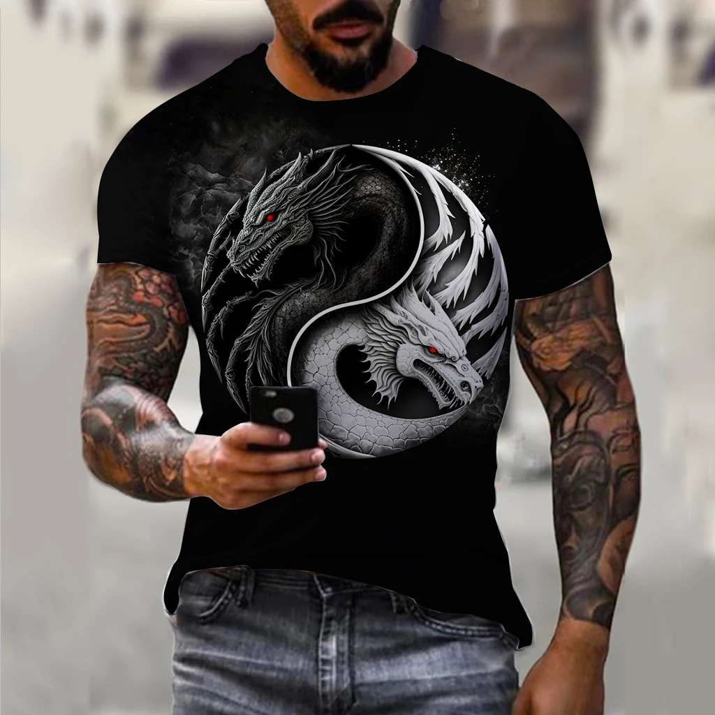 

Футболка мужская оверсайз с коротким рукавом, рисунок старшего дракона, Повседневная модная рубашка из полиэстера, с 3D рисунком, цвет черный/белый