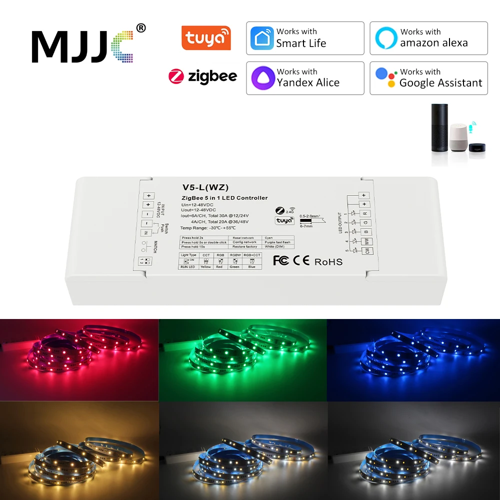 

Tuya ZigBee RGBCCT Controller 12V 24V DC 48V 5 in 1 2.4G RF Wireless Gateway Smart Life PWM for RGB RGBW LED Strip Light V5-L WZ