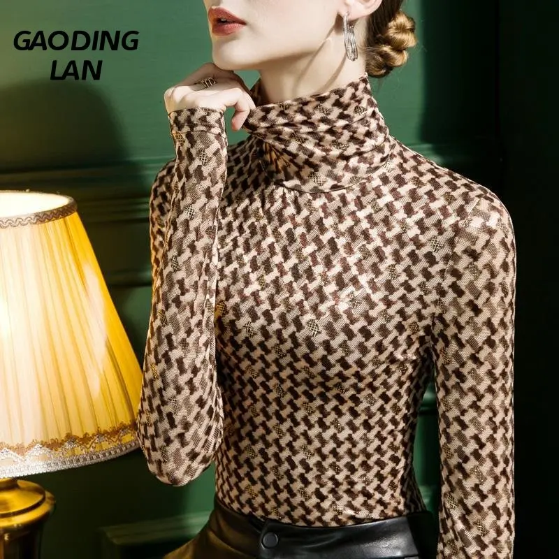 

Autumn Winter Women Long Sleeve High Collar Lattice Print T-shirts Female Vintage Slim Fit Lace Bottoming Shirt Tight Sexy Tops