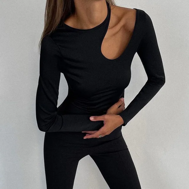 European American Women's Clothing 2023 New Irregular Hollow Long-sleeved T-shirt Women's Round Neck Solid Color Slim Bottom Top 4