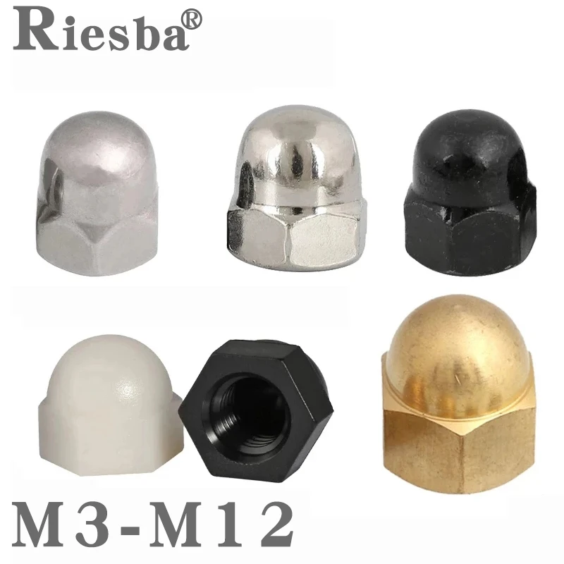 

304 Stainless Steel Nylon Brass Acorn Nut Hex Head Cap Metric Dome Nut Black White Nickel Plated Steel M3M4M5M6M8M10M12 50pcs