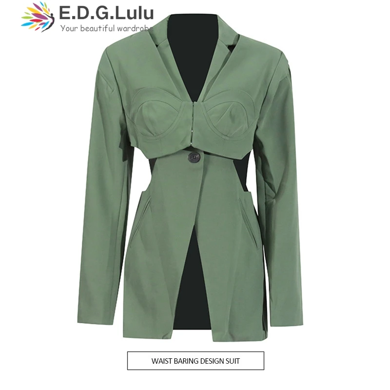 EDGLuLu 2024 женские черные зеленые пальто с v-образным вырезом и длинными рукавами