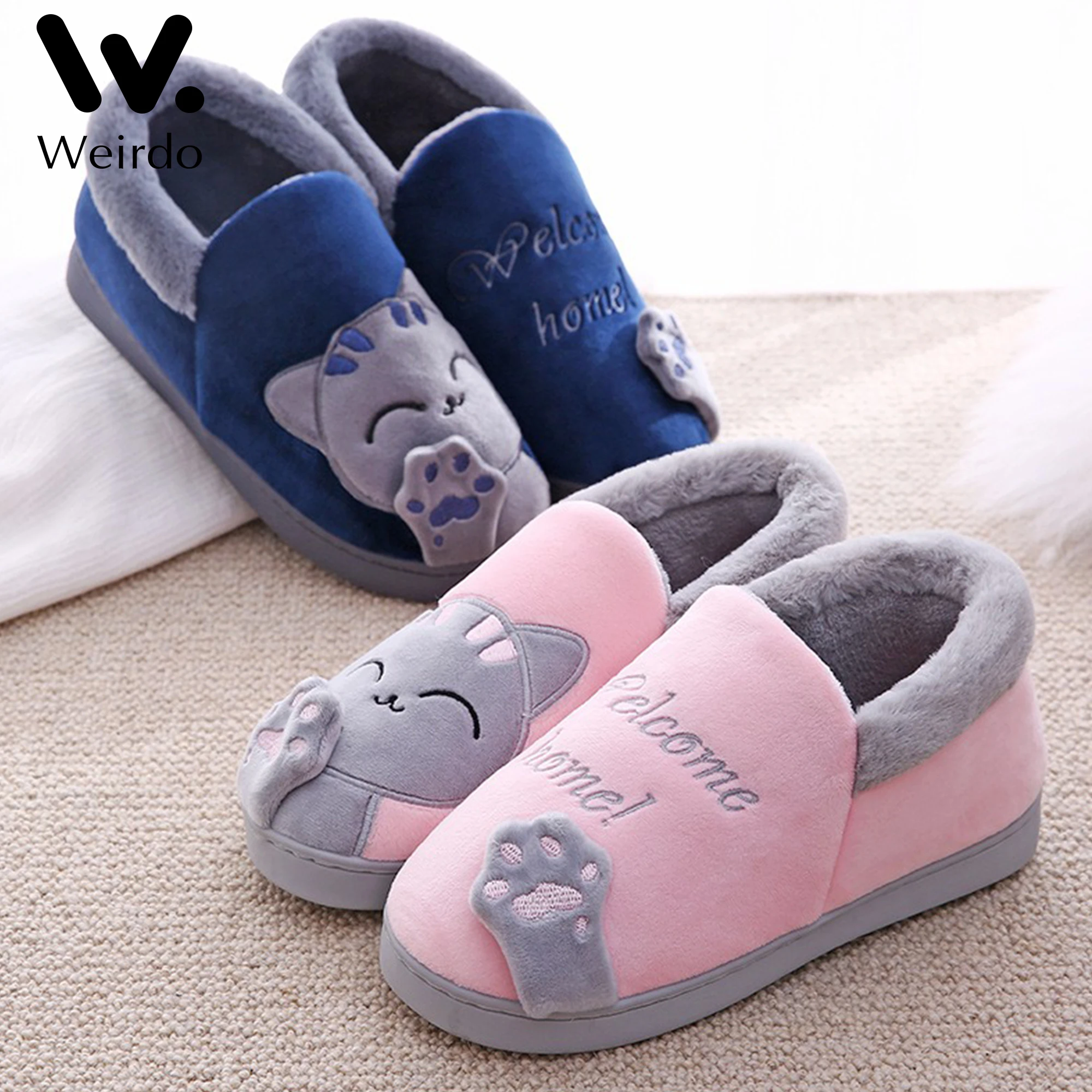 

Unisex Winter Indoor Warm Home Slippers Couples Bedroom Cartoon Cat Non-slip Soft Bottom Women And Men Home Slippers