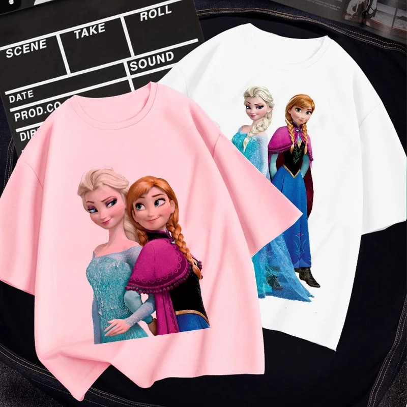 Frozen Anime Disney Elsa Anna Princess Cartoon Pattern 2022 Summer T-shirt Fashion Cute White Pink Short Sleeve Kids Girls Tees