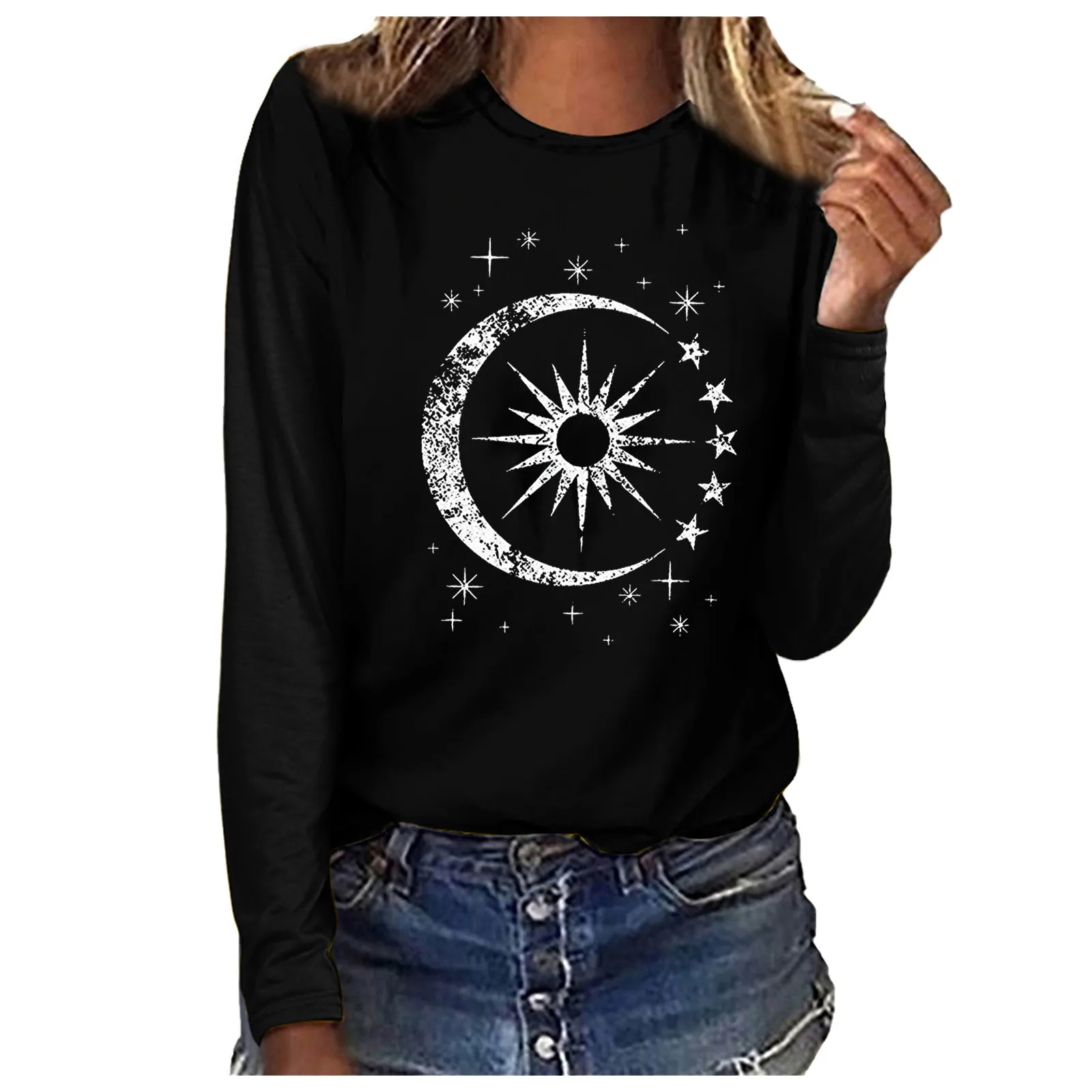 

Female Moon Stars Top Blouse Women Long Sleeve Casual Crew Shirt Woman Geometric Graphic Printed Blouses Clothes