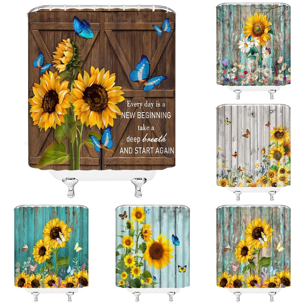 

Rustic Sunflower Shower Curtain Barn Door Farmhouse Butterfly Country Daisy Flowers Vintage Wooden Board Cloth Bathroom Curtains