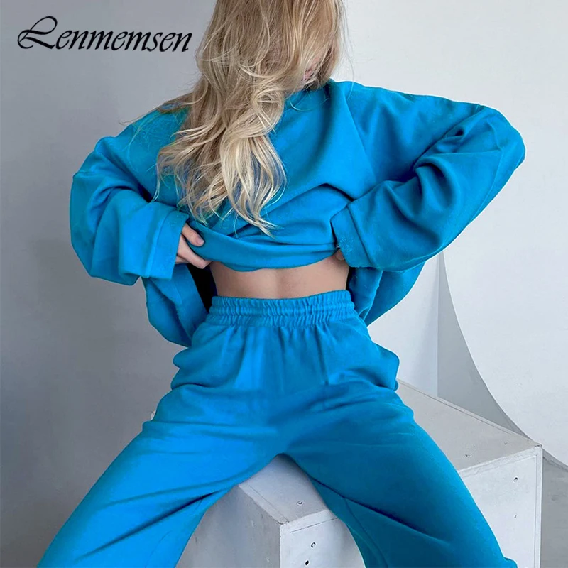 

Lenmemsen Fashion Loose Sports Sets Women Long Sleeve Top and Trousers Two Pcs Female Vintage Hole Solid Sweatershirt Suits Lady