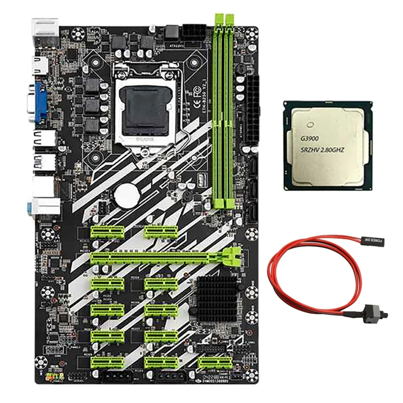 

NEW-B250 BTC Mining Motherboard with G3900 CPU+Switch Cable 12 PCI-E Slots LGA1151 DDR4 RAM SATA3.0 USB3.0 Support VGA+HD