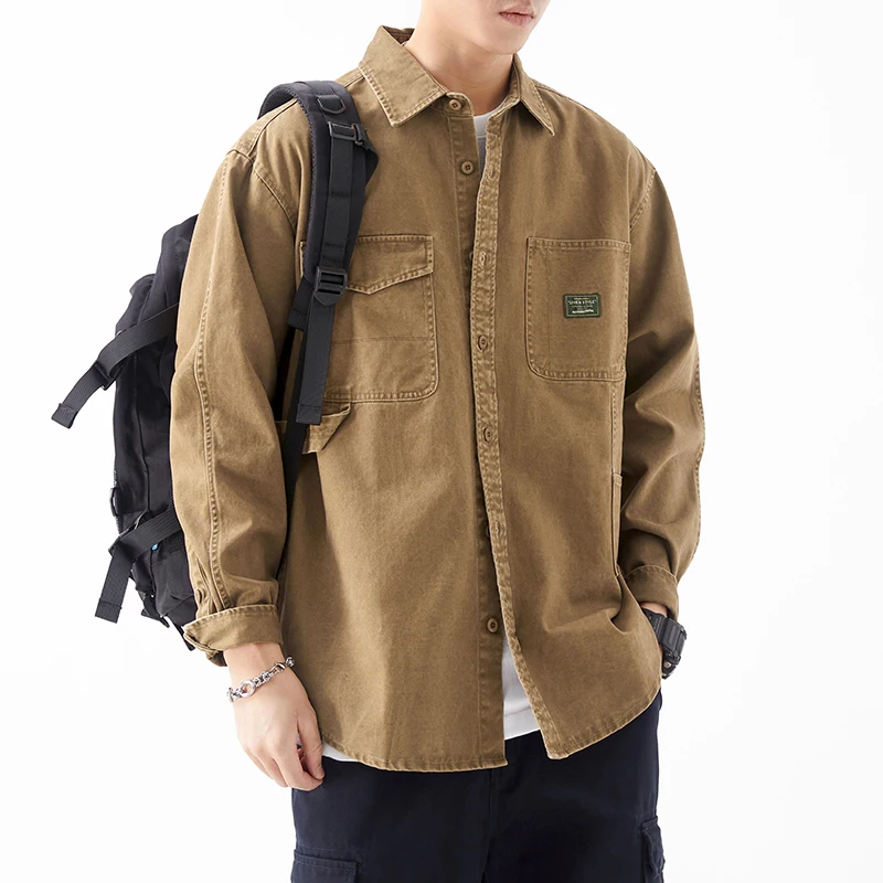 

New Autumn Men Shirt Fashion 100% Cotton Long Sleeve Cargo Coat Tops for Man Casual Loose Shirts High Quality Brand Men Clothing
