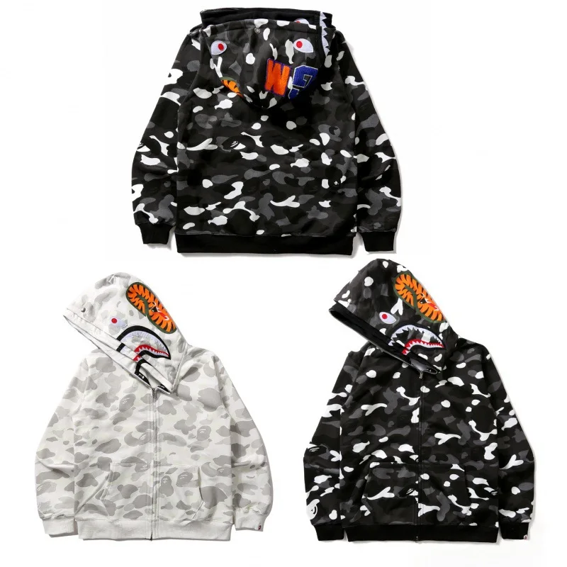 

A BATHING APE BAPE ASIA Size brand night glow camouflage spotted shark unisex double layered hooded zippered sweater jacket