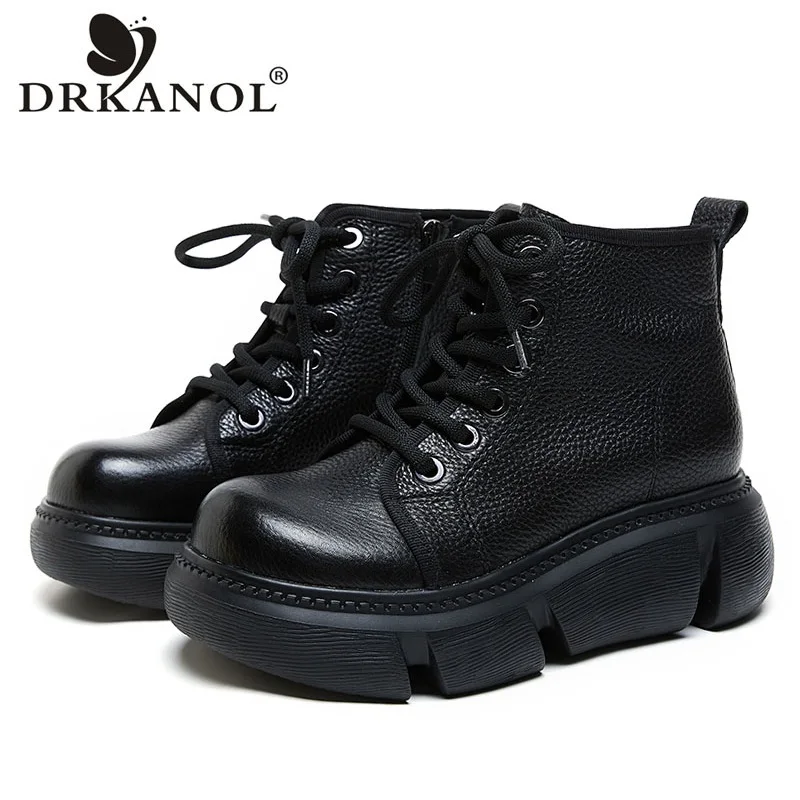 

DRKANOL 2023 Autumn Genuine Leather Ankle Boots For Women Chunky Platform Wedges Heel Comfort Short Boots Handmade Retro Style