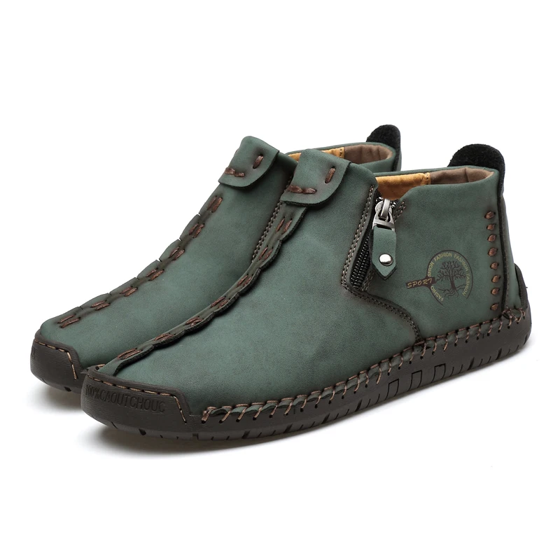 

Men's Ankle Boots Zip Sewing Large Size Flats Walking Winter Snow Boots Low Cut Leather Casual Shoes Retro Cowboy Martin Booties