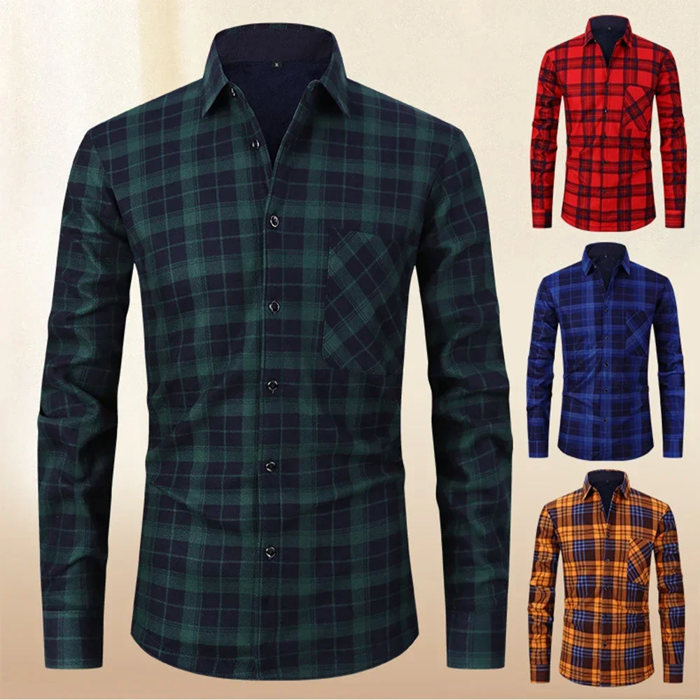 

Зимняя мужская теплая рубашка с двойным ворсом, с длинным рукавом, для отдыха, с бархатной подкладкой, с отворотом, однобортная, деловая рубашка, пальто