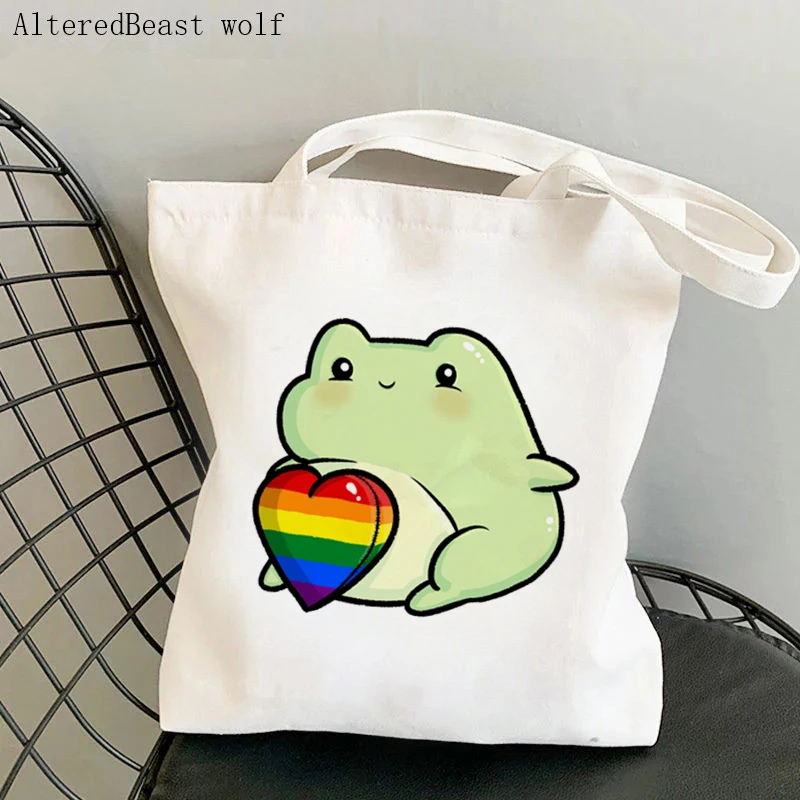 

Women Shopper bag frog queer gay heart flag Kawaii Bag Harajuku Shopping Canvas Shopper Bag girl handbag Shoulder Lady Bag