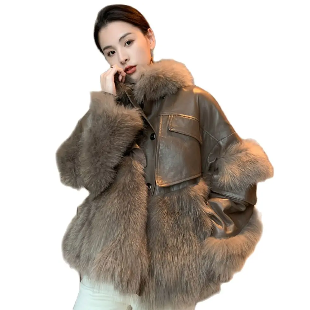 New Women Real Fur Coat Autumn Winter Fashion Thicken Fox Fur Patchwork Sheepskin Down Cotton Liner Fur Jacket Loose Outerwear