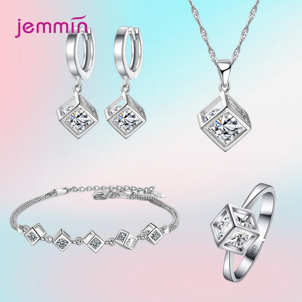 

Fashion 925 Sterling Silver Crystal Wedding Engagement Necklace Earrings Ring Bracelet Jewelry Set For Women Trendy