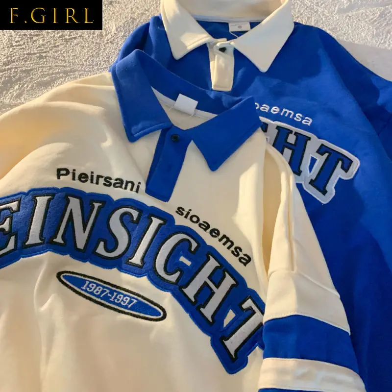 

2022 Korean Fashion Hip Hop Letter Embroidery Sweatshirt POLO Shirt Long Sleeve Oversized Clothes Teens Vintage Beige Blue Tops