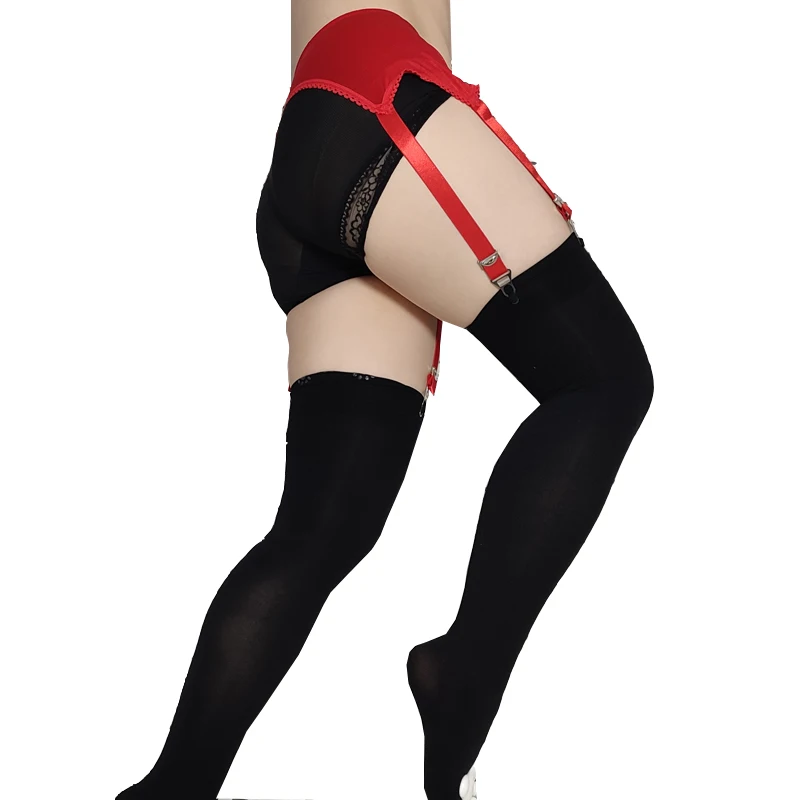 Vintage Red Lace Garter Belt with 6 Straps Hollow Out Metal Clip Sexy Suspender Belt for Women Stockings Lingerie