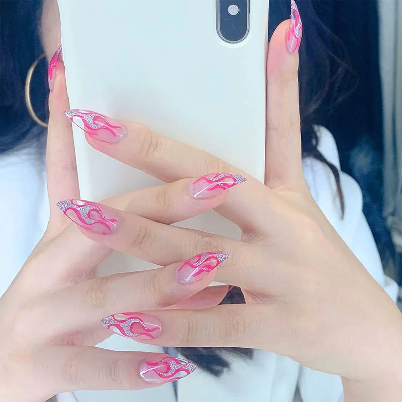 

New 2021 24 pcs Rose Red Flame Wearable Nail Art Fake Nail Patch Waterproof Detachable Nail Tips Nails Art Tip Stick On Nail